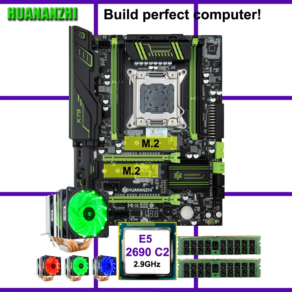 HUANANZHI X79 Super Motherboard Gaming Set Dual M.2 SSD Slot CPU Xeon E5 2690 2.9GHz 6 Tubes Cooler Brand RAM 32G(2*16G) RECC