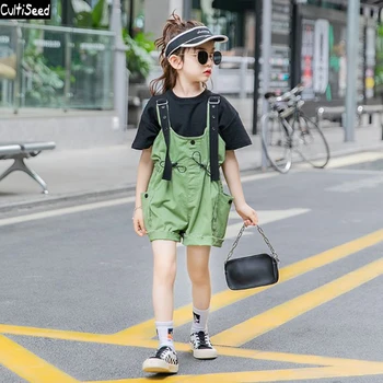 

Big Girls Summer Clothes Set Suits 2020 New Fashion Children Girl Short Sleeve T-Shirt+Overall 2pc Sets Kids Cute Casual Sets