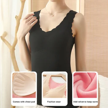 

Velvet Thermals Lace Sleeveless Inner Wear Women Fleece Lined Underwear Tops Cami Tank Top Vest with Removable Chest Pad d88
