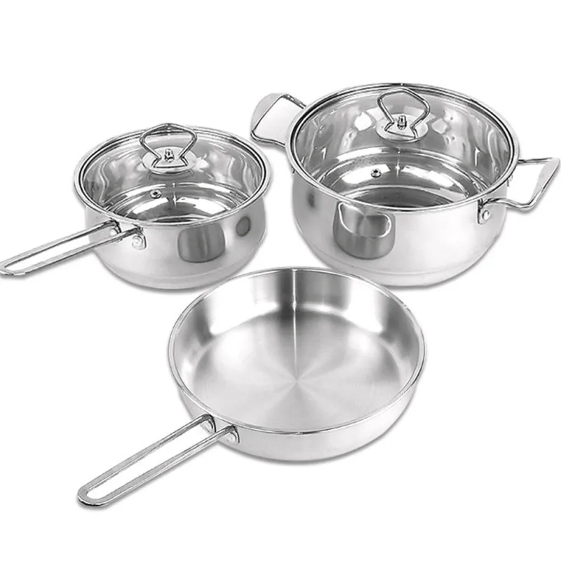 

3PCS/Set Thick Stainless Steel Cooking Soup Pot Nonstick Frying Pan Small Saucepan With Glass Lid For Induction Cooker Gas Stove