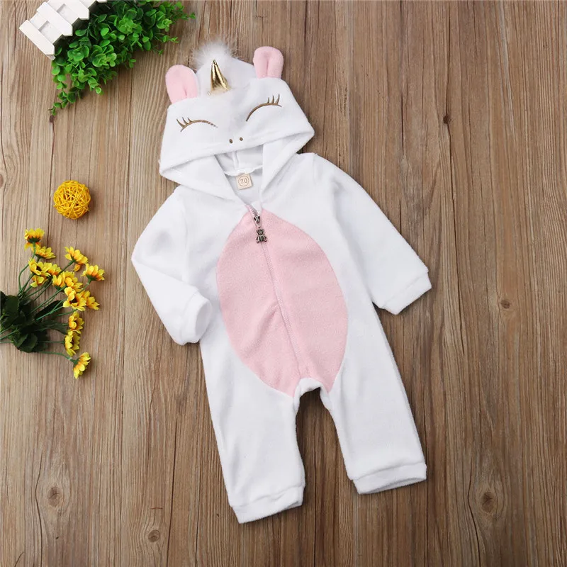 2019 Lovely Newborn Baby Boy Girl Hooded Romper New Winter Cartoon Unicorn Costume Jumpsuit Fleece Outfits s Clothes 0-24 M
