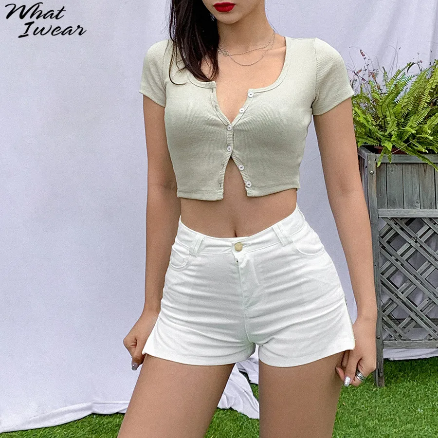 Women sexy slim short sleeve t-shirts o-neck buttons female stretchy short tees ctop tops party basic soft fabric 2020 summer
