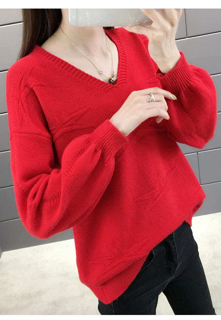 Длинный рукав вязаный женский свитер Повседневный однотонный пуловер сексуальный v-образный вырез хлопок осенний женский свитер вязаный пуловер NS4373