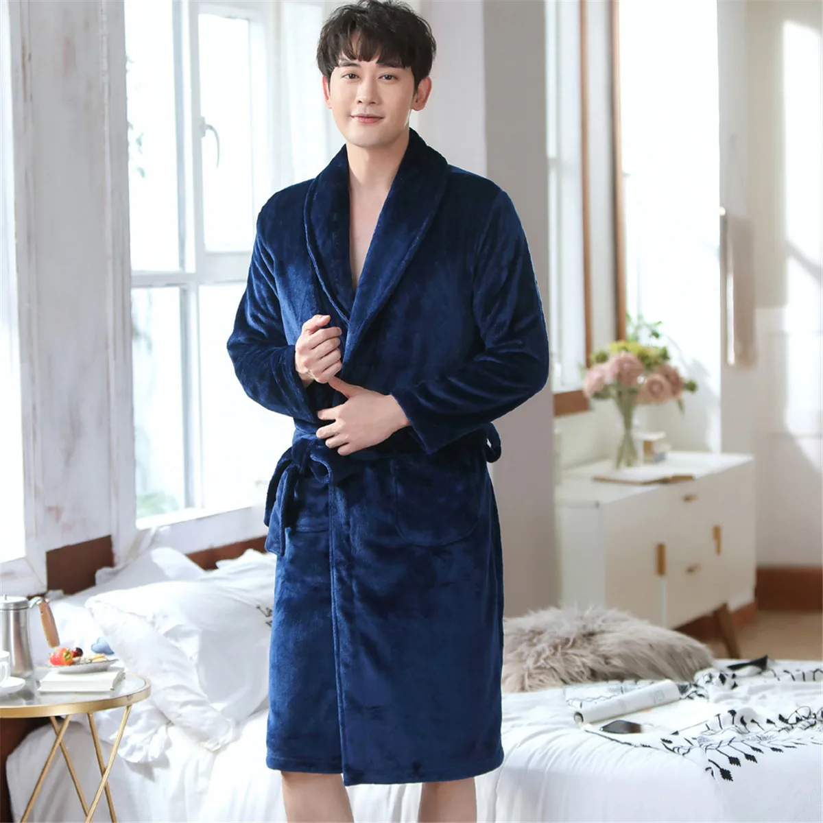 2020 Winter Men's Blue Bath Robe Longsleeve Flannel Pajamas For Men