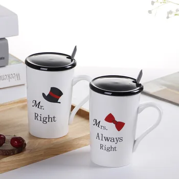 

2pcs Set Ceramic Mugs With Lid and Spoon Lover Couple Mugs Morning Milk Coffee Tea Breakfast Porcelain Cup For Gifts