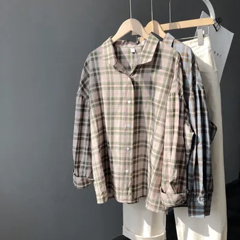 

Mooirue Spring Women Shirts Blouse Plaid Pink Blue Long Sleeve Casual Shirts Tops