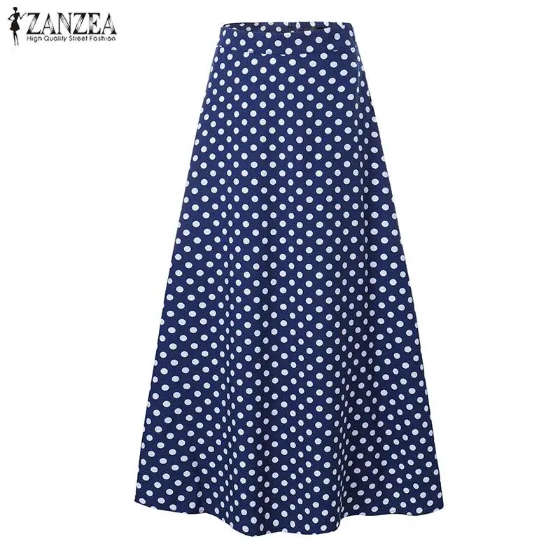 ZANZEA Женская богемная юбка в горошек,, винтажная Женская длинная юбка макси с карманами, с молнией сзади, с карманами, Jupe Faldas размера плюс