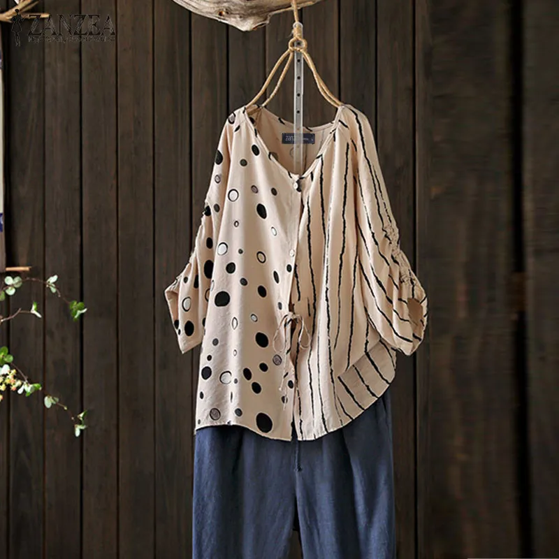 

ZANZEA Women Vintage Polka Dot Blouse 2019 Summer Shirt Casual Pacthwork Blusas 3/4 Sleeve Striped Tops Chemise Femme Robe Tunic
