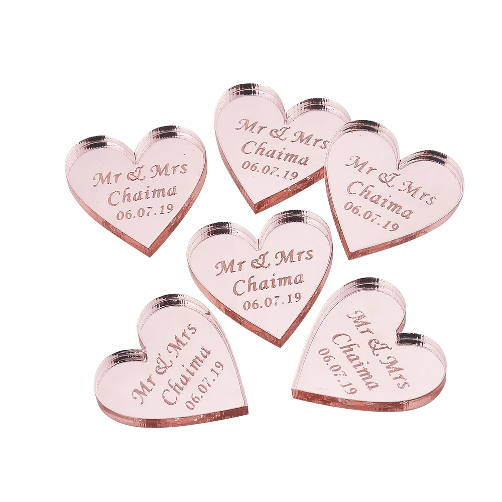 100 шт., персонализированные акриловые зеркальные сердечки с гравировкой, Именные Бирки, отверстия для свадебного стола, центральные украшения для детского душа - Цвет: Rose Pink