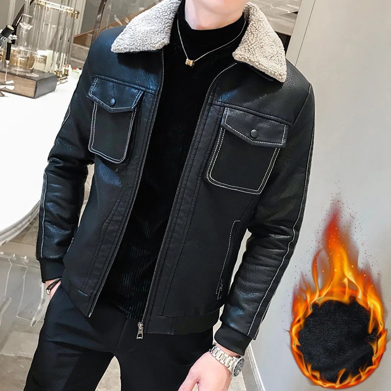 Корейские мужские пальто кожаные куртки Bomer короткие новые зимние мужские куртки кожаные с отложным воротником мужская кожаная одежда черный