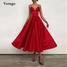 

Verngo Simple Satin Short Prom Dresses Red/Lavender/White/Black Evening Party Gowns Spaghetti Straps Midi Tea Length Formal Wear