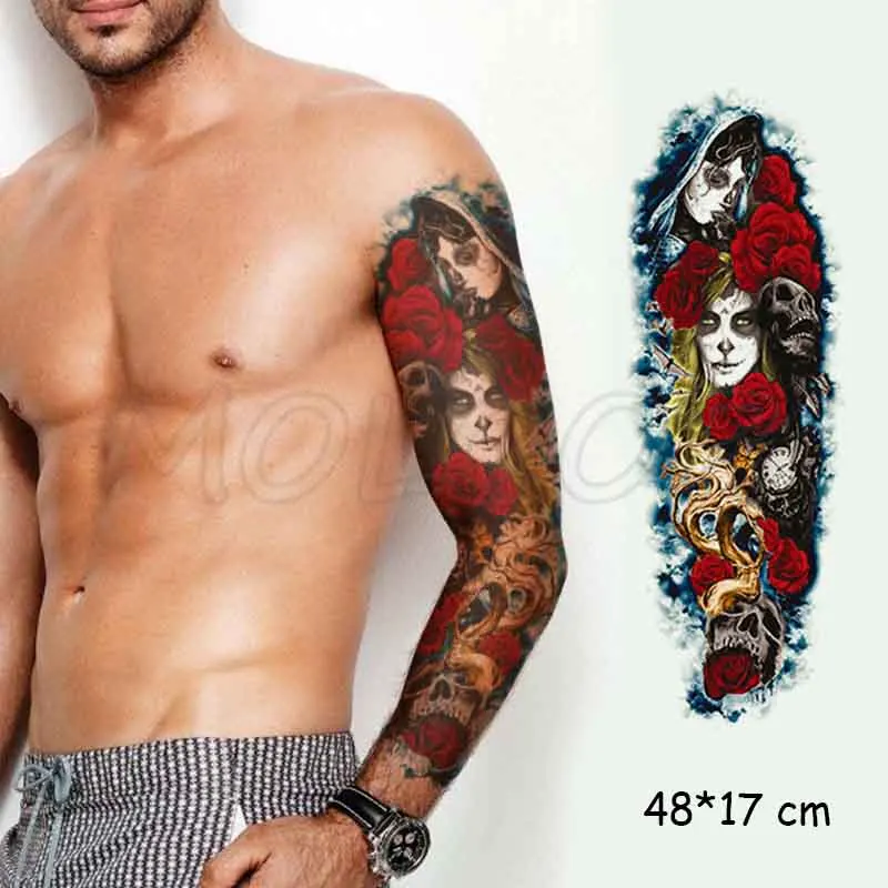 

Waterproof Temporary Tattoo Sticker Full Arm Red Rose Clock Skull Flower Tatoo Fake Tatto Flash Sleeve Tattoos To Man Woman Girl