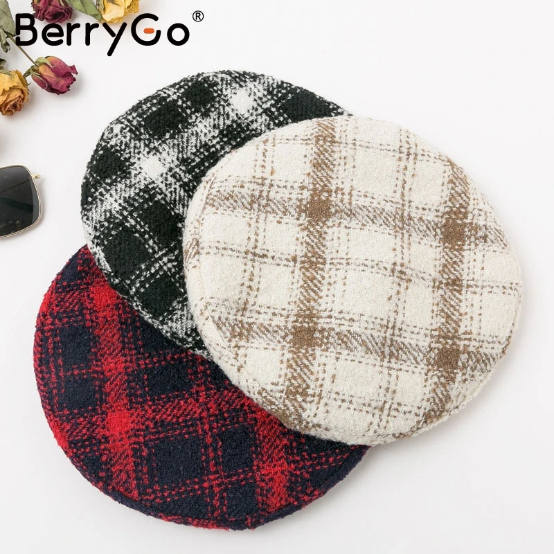 BerryGo/Повседневные Осенние теплые шляпы со шнуровкой в клетку, Женская Шапка-бини в стиле ретро, Женский твидовый берет, шапка, модные женские Зимние береты с козырьком