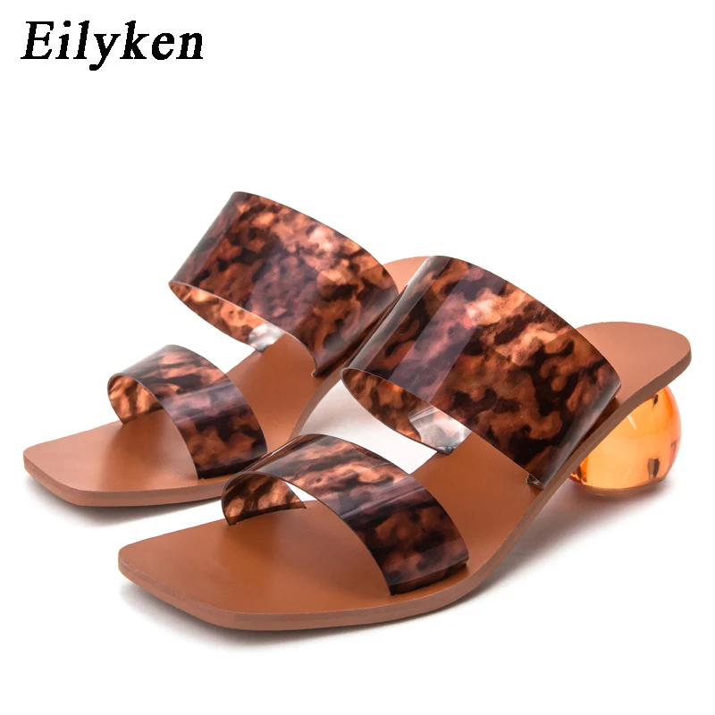 Eilyken Fashion Women Slippers Summer Beach Slipper Leopard grain Transparent Jelly PVC Square Toe Crystal Heel Slides Sandals | Обувь