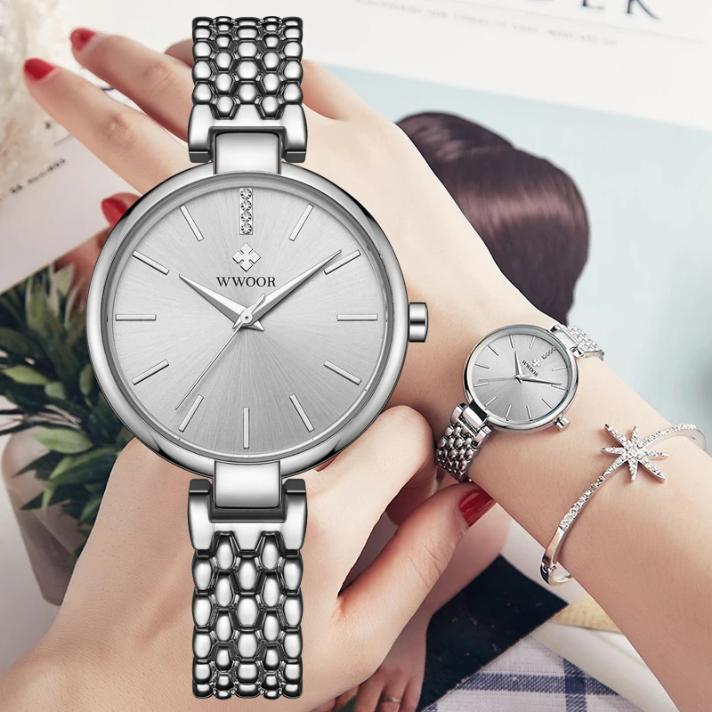 

WWOOR 2020 Dress Ladies Wristwatch Luxury Brand Elegant Silver Bracelets Watches Womens Waterproof Clock Female Moda Feminina