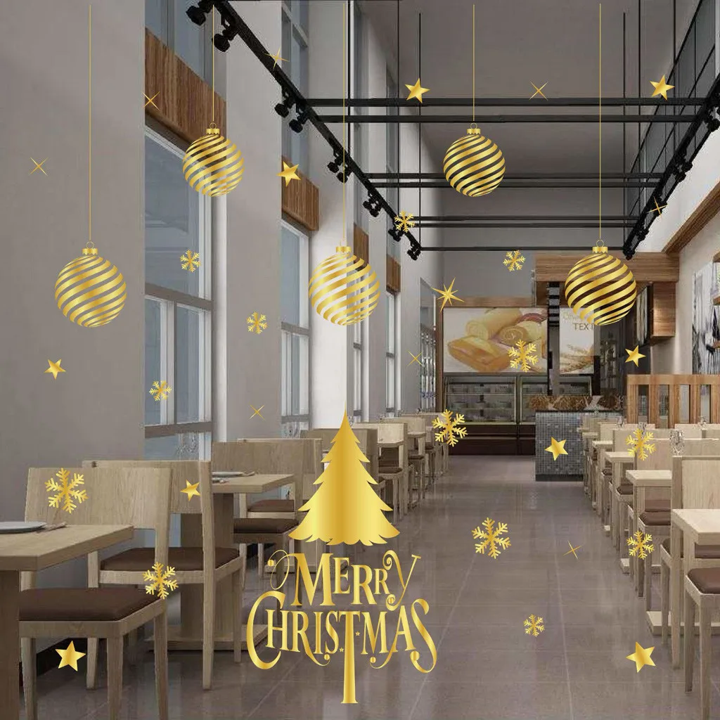 

Gold Merry Christmas Wall Sticker Snowflake Balls Removable Shop Window Decals 2019 Christmas Decorations For Home #NN820