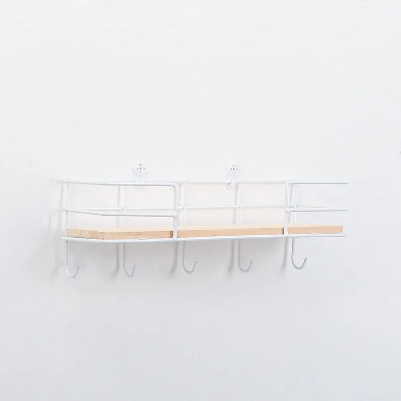 Настенные железные деревянные стеллажи для корзин, домашний декоративный стеллаж для хранения - Цвет: White 5 Hooks
