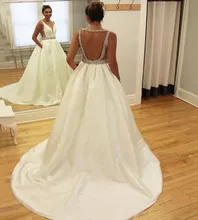 

New Beading Wedding Dress A-Line Backless Matte Satin Custom Made Bridal Gown Vestido Noiva Robe Mariee