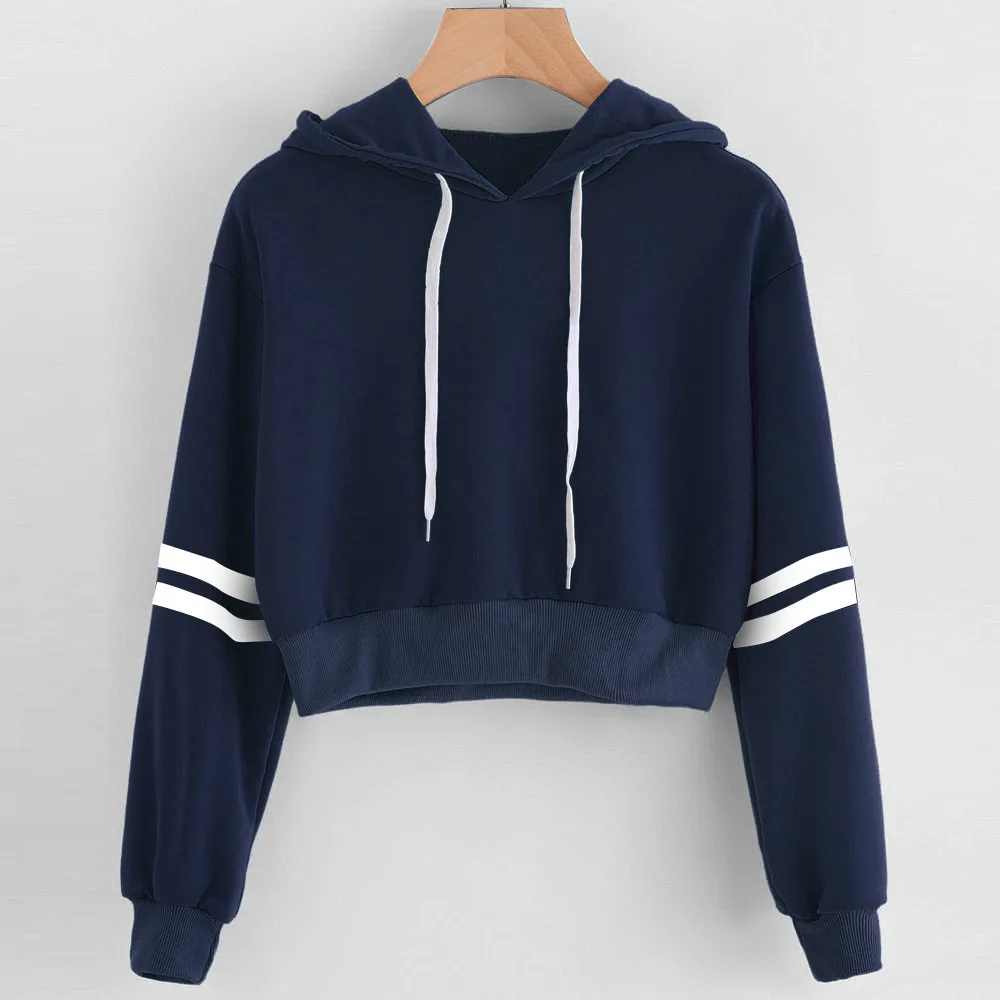 

Korean Style Stripe Print Hoodies Casual Long Sleeve Show Exposed Navel Drawstring Hooded Sweatshirt Women Short Pullover Tops