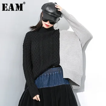 

[EAM] Contrast Color Big Size Knitting Sweater Loose Fit Round Neck Long Sleeve Women New Fashion Spring Autumn 2020 1M028