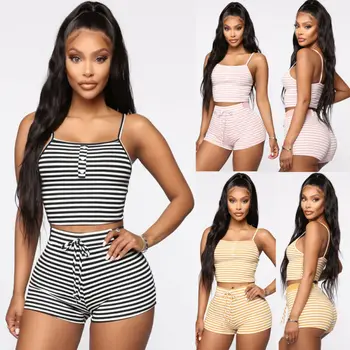 

2019 New Summer Daily Casual Spaghetti Strap Button Two Piece Set Striped Cold Shoulder Strapy Crop Top and Shorts PJS Outfits