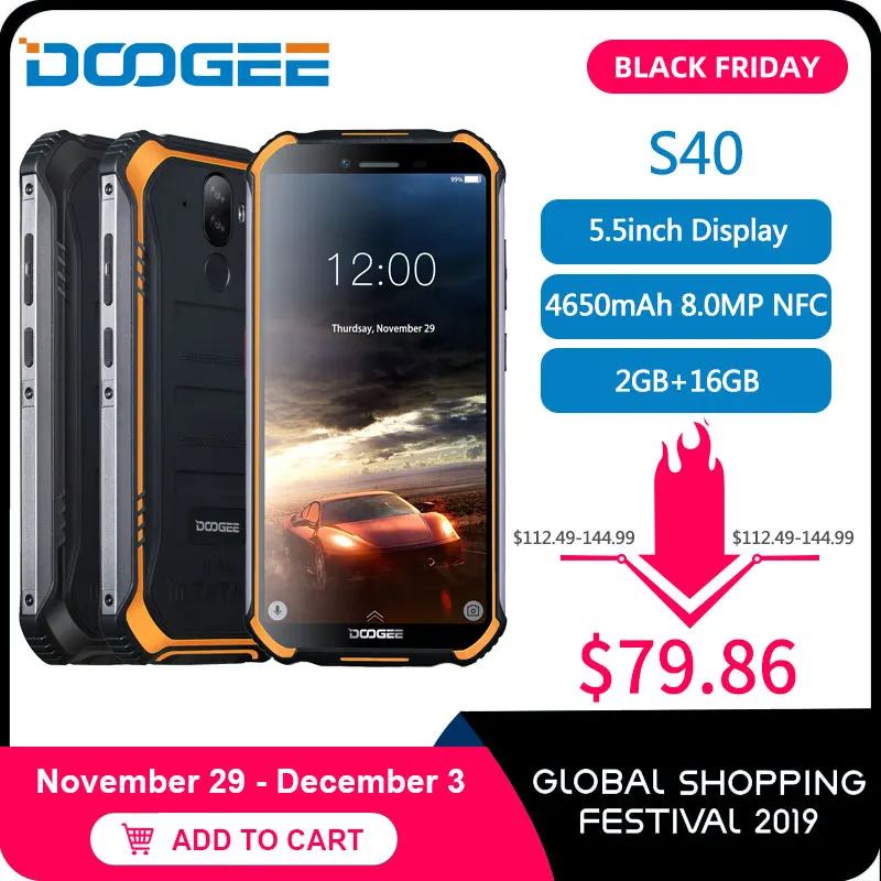 

Upgrade 2GB+16GB DOOGEE S40 MTK6739 Quad Core Android 9.0 4G Network Rugged Mobile Phone IP68 5.5inch Display 4650mAh 8.0MP NFC