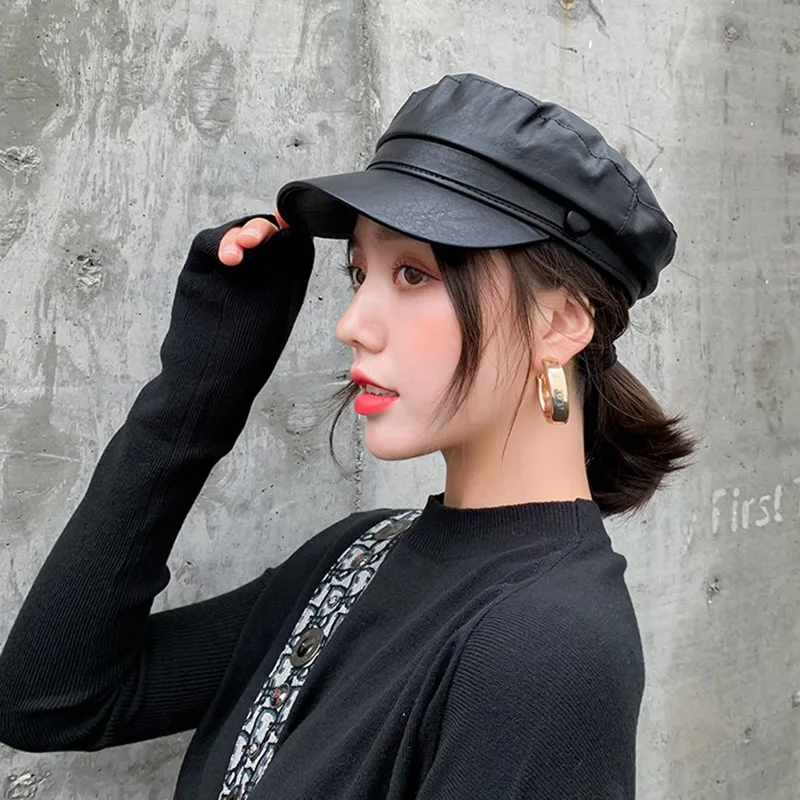 Fashion PU Leather Military Hat Autumn Winter Wool Sailor Hat For Women Men Black Flat Top Female Travel Cadet Hat Captain Cap