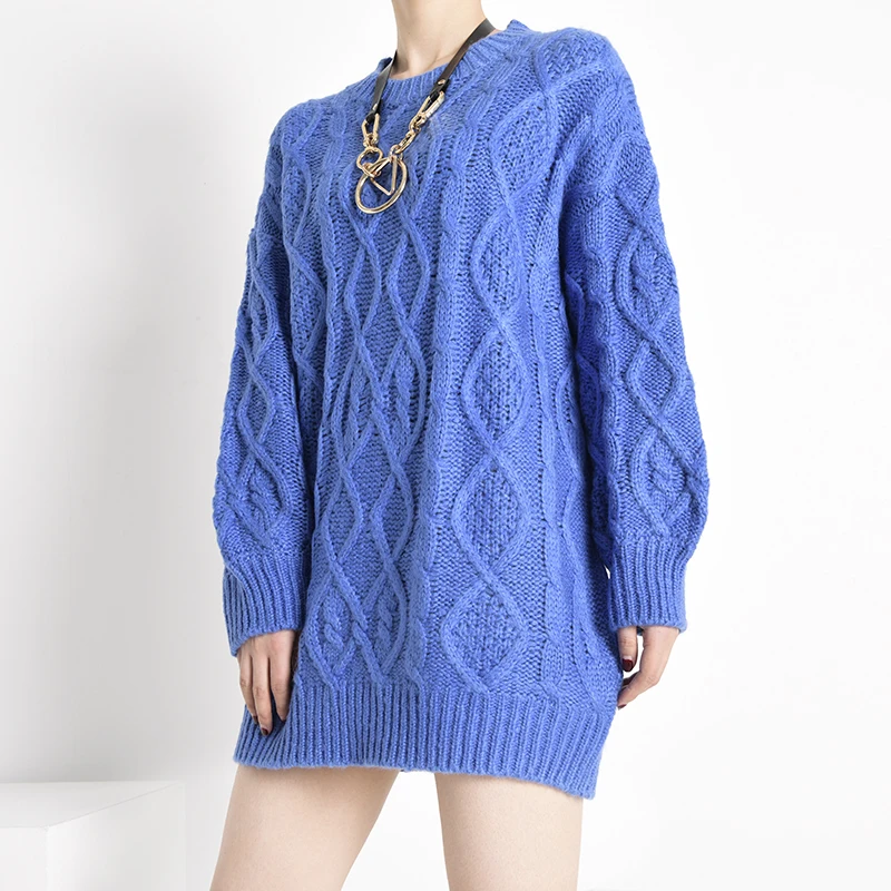 [EAM] Blue Big Size Knitting Sweater Loose Fit