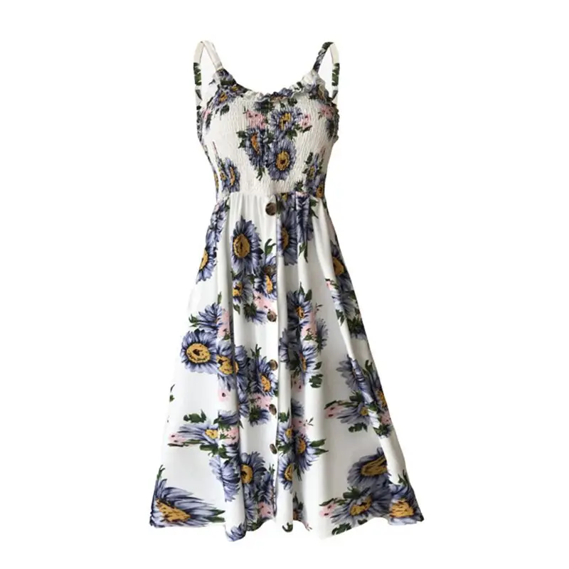 

Women Ladies Boho Holiday Strappy Dotted Button Summer Beach Swing Midi Dress Sundress