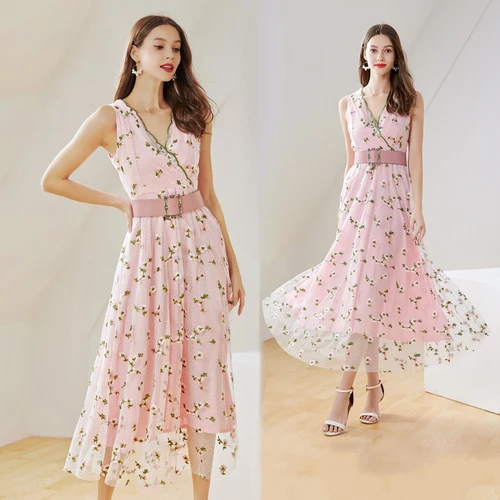 Розовый Socialite; вставка из сетчатого материала с вышивкой и розовым бантом Maxi dress Vestidos Mujer Verano длинное пляжное платье, праздничное платье халат Longue Femme K6294 - Цвет: Розовый