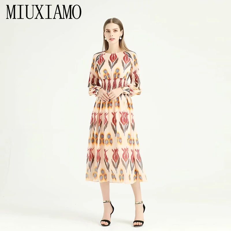 MIUXIMAO высококачественный ремешок для часов, взлетно-посадочной полосы Дизайн Весна платье Цветочный принт длинный рукав Элегантное Длинное Платье Для женщин Vestidos
