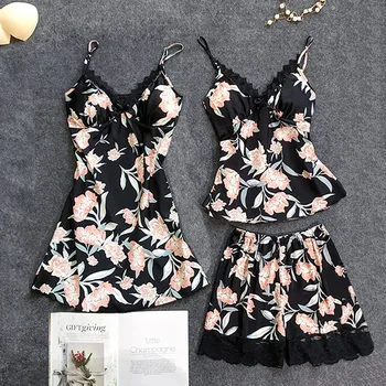

3PC Sexy pyjamas women Lace Satin Printing Camisole Shorts Lingerie Pajamas Sleepwear Set pyjama femme комплект пижама#L32
