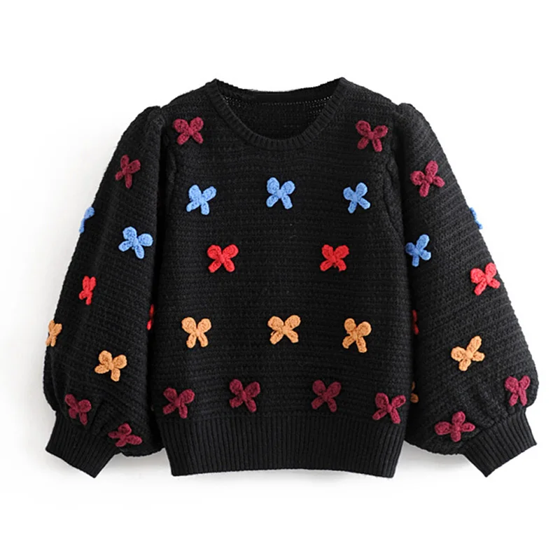 

Stylish Bow Embroidery Sweaters Women Fashion O Neck Pullovers Elegant Ladies Three Quarter Puff Sleeve Knitwear