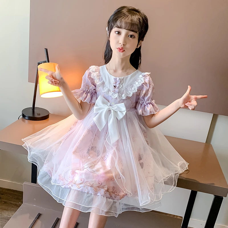 Princess Lolita Skirt Girls Summer New Western Children Cartoon Dress Short Sleeve Puffy Tulle Skirt cute kids loli clothes