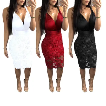 

Sexy Nightclub Lace Dress With Straps Women Vacation Beach Sleeveless Hollow Out White Deep V Neck White Lace Summer Dress Jurk