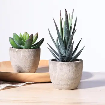 

3pcs Simulated Succulent Potted Plants Vintage Cement Flower Pot Desktop Decoration Bulrush Pearl Lotus Jewel Lotus Home Decor