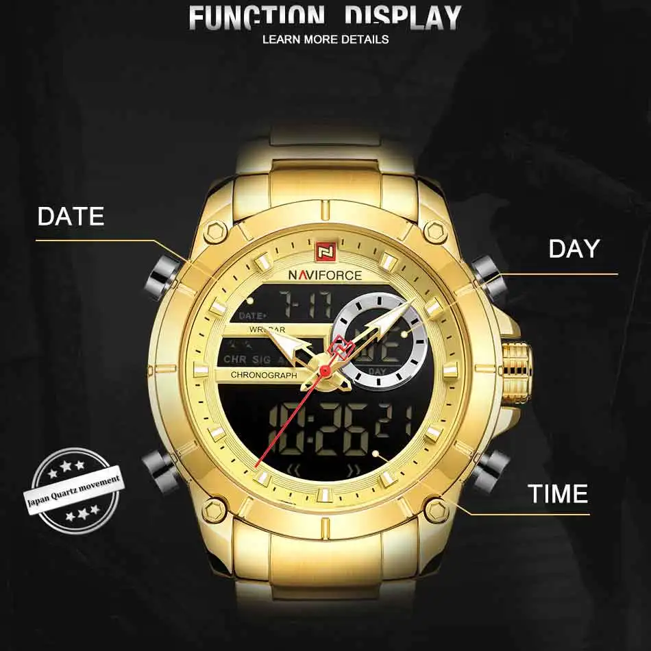Naviforce Men Military Sport Wrist Watch Gold Quartz Steel Waterproof Dual Display Male Clock Watch-4