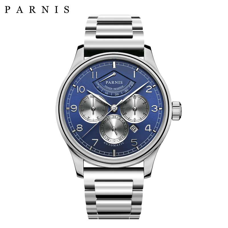 

ParnisBrand Watch Men Mechanical 43mm Leather Automatic Power Reserved Men's Watches Week/Date/Moon Phase Business Dress Watch