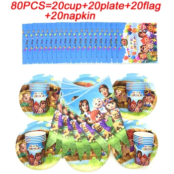 

Cocomelon Birthday Party Decor Flags Disposable Tableware Kit Family Party Cups Plates Napkin Kids Birthday Party Supplies 80PCS