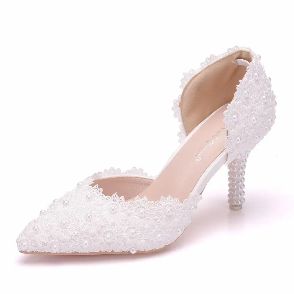 

White Pink Heels Wedding Shoes Bride High Heels Hollow Lace Pearl Pointed Toe Pumps Sexy Ladies Shoes Female Sandals Zapatomujer