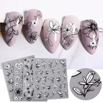 

1 Piece Of 3D Nail Sticker For Summer Decal Decorations With Black And White Flower Patterns Nail Sticker DIY Nail Art Deco
