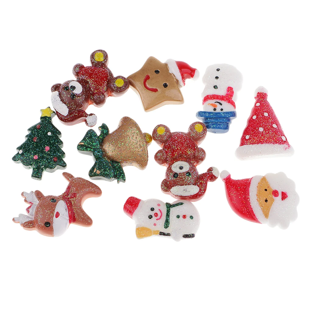 10pcs Assorted Christmas Resin Flatback Embellishment Cabochon for DIY Art Crafts Miniature Garden Ornaments Dollhouse Supplies