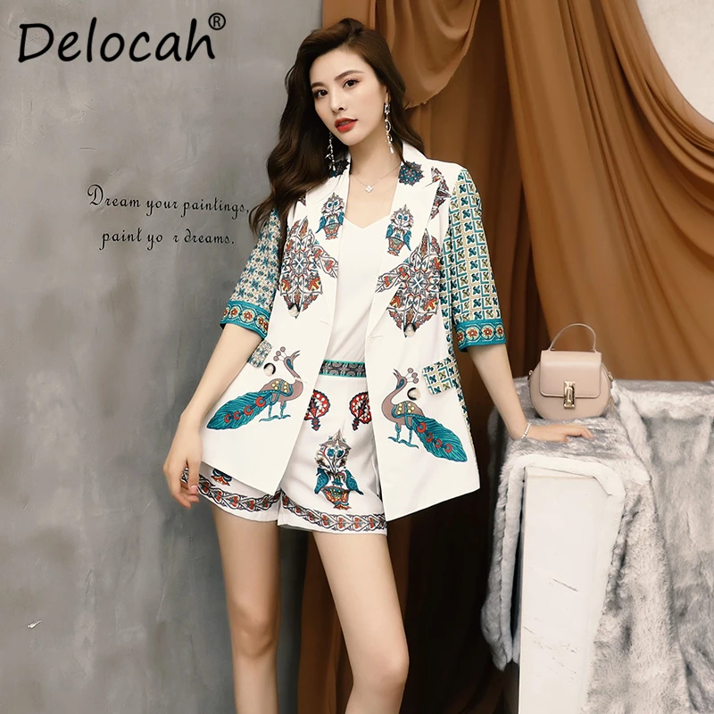 

Delocah Runway Fashion Autumn Sets Women's Half Sleeve Animal Printed Blazer And Vintage High Waist Shorts Two Pieces Lady Set