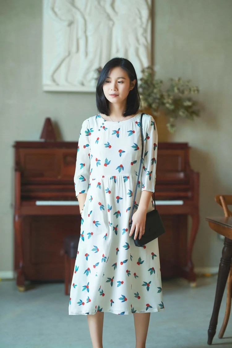 

CYNTHIA Chinese-style 2020 New Spring Women's Silk Dresses Customized Raspberry Collection O-neck Floral-printed A-line Dress