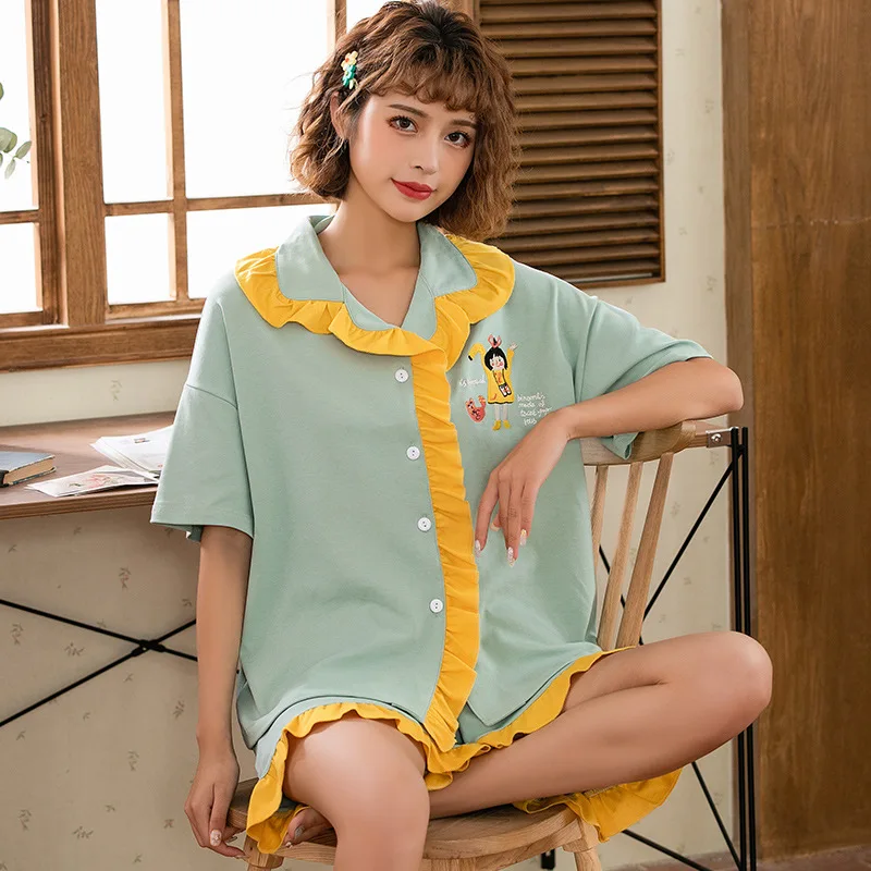 

Peach Scent Spring Summer Knitted Cotton Women's Short Sleeve Fold-down Collar Cardigan Casual Shorts Two-Piece Pajamas