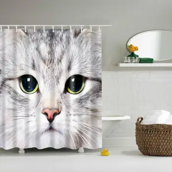 

Waterproof Thicken Polyester 3D Shower Curtain Grey Little Cat Mildew Proof Bath Tub Curtain with 12 pcs Hooks