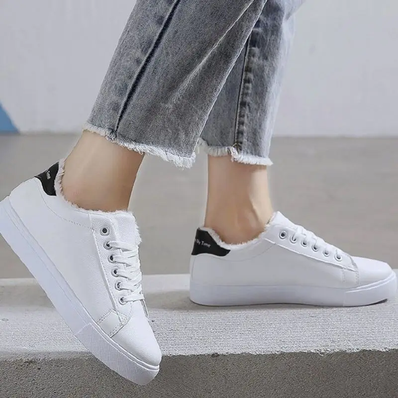 TAOFFEN Hot Sale Women White Shoes Vulcanized Sneakers Warm Casual Women Shoes Winter Fur Fashion Shoes Lady Footwear Size 35-39