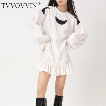 

TVVOVVIN And New Autumn Winter Fashion Casual Long Sleeve Loose O Neck Black And White Slim Short Ruffles Dress Women 7QQR