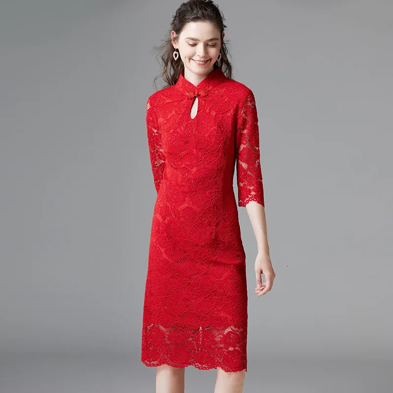 Новинка, Осенние вечерние платья красного цвета, Ретро стиль, Cheongsam, облегающее платье для женщин с рукавом 3/4, облегающие однотонные платья размера плюс, миди Vestidos