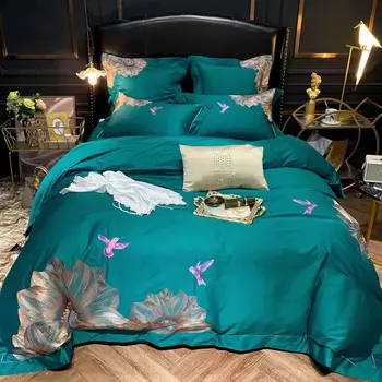 

Papa&Mima Dark Green Birds Egyptian Cotton Bedding Set Embroidery Linens Queen King Size Duvet Cover Fitted Sheet Pillow Shams